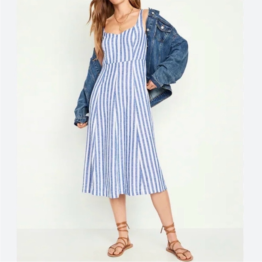 OLD NAVY Fit & Flare Linen-Blend Midi Dress Striped Coastal Preppy Size Large